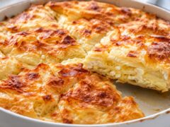 Кръгла баница със сирене и кисело мляко със златисти нагънати кори, с повдигнато парче на лопатка, което показва слоевете и плънката.