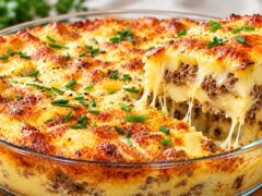 Zapecheno yastie s kartofi i kayma, pokrito sas zlatista kashkavalena korichka, s otdeleno parche ot tavata.