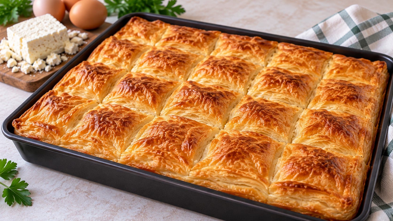 Златиста бутер баница с яйца и сирене, нарязана на квадратни парчета в тава