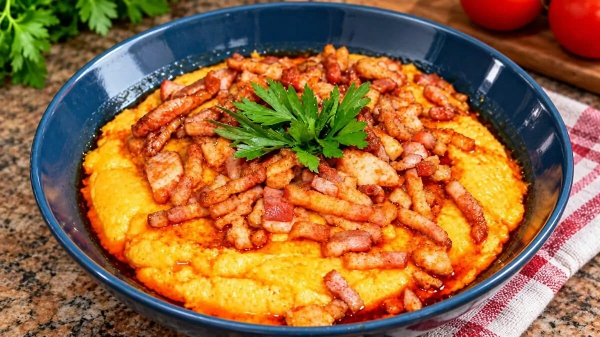 Качамак с хрупкаво запечен бекон и масло, поднесен в синя купа с пресен магданоз