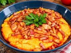 Качамак с хрупкаво запечен бекон и масло, поднесен в синя купа с пресен магданоз