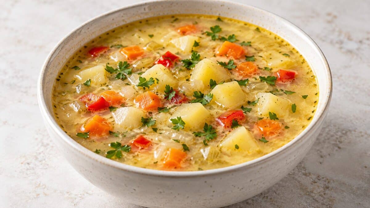 Купа с домашна картофена супа със застройка и парченца картофи и зеленчуци