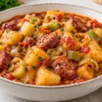 Картофена яхния с праз и наденица Byala keramichna kupa s kartofena yahniya s praz, nadenitsa i domati, porasena s presen magdanoz.