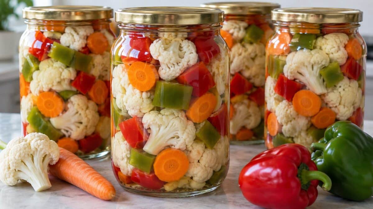Четири буркана с маринован карфиол, моркови и червени и зелени чушки, подредени до пресни зеленчуци.