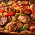 zapечeni-parcheta-svinsko-i-nadenitsa-s-karameliziran-luk-cherveni-i-zeleni-chushki-v-tigan