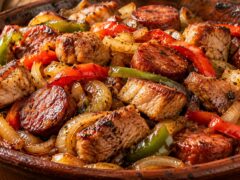 zapечeni-parcheta-svinsko-i-nadenitsa-s-karameliziran-luk-cherveni-i-zeleni-chushki-v-tigan