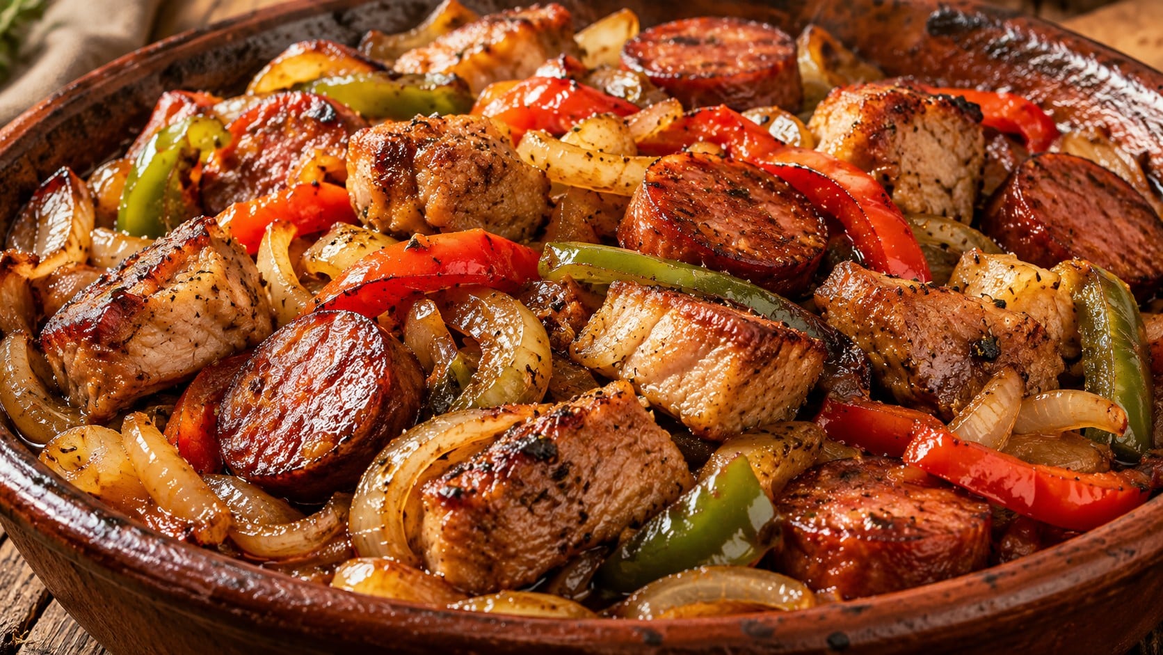 zapечeni-parcheta-svinsko-i-nadenitsa-s-karameliziran-luk-cherveni-i-zeleni-chushki-v-tigan