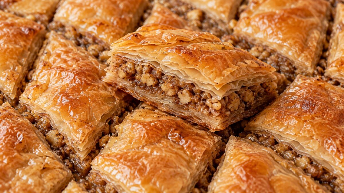 Parcheta orehova baklava s domashno tocheni kori, vidimi hrupkavi plastove i bogata planka ot orehi.