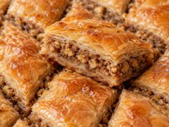 Parcheta orehova baklava s domashno tocheni kori, vidimi hrupkavi plastove i bogata planka ot orehi.