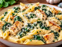 chiniya-s-kremobrazna-pasta-penne-s-parcheta-pileshko-spanak-krema-sirene-i-nastargan-parmezan