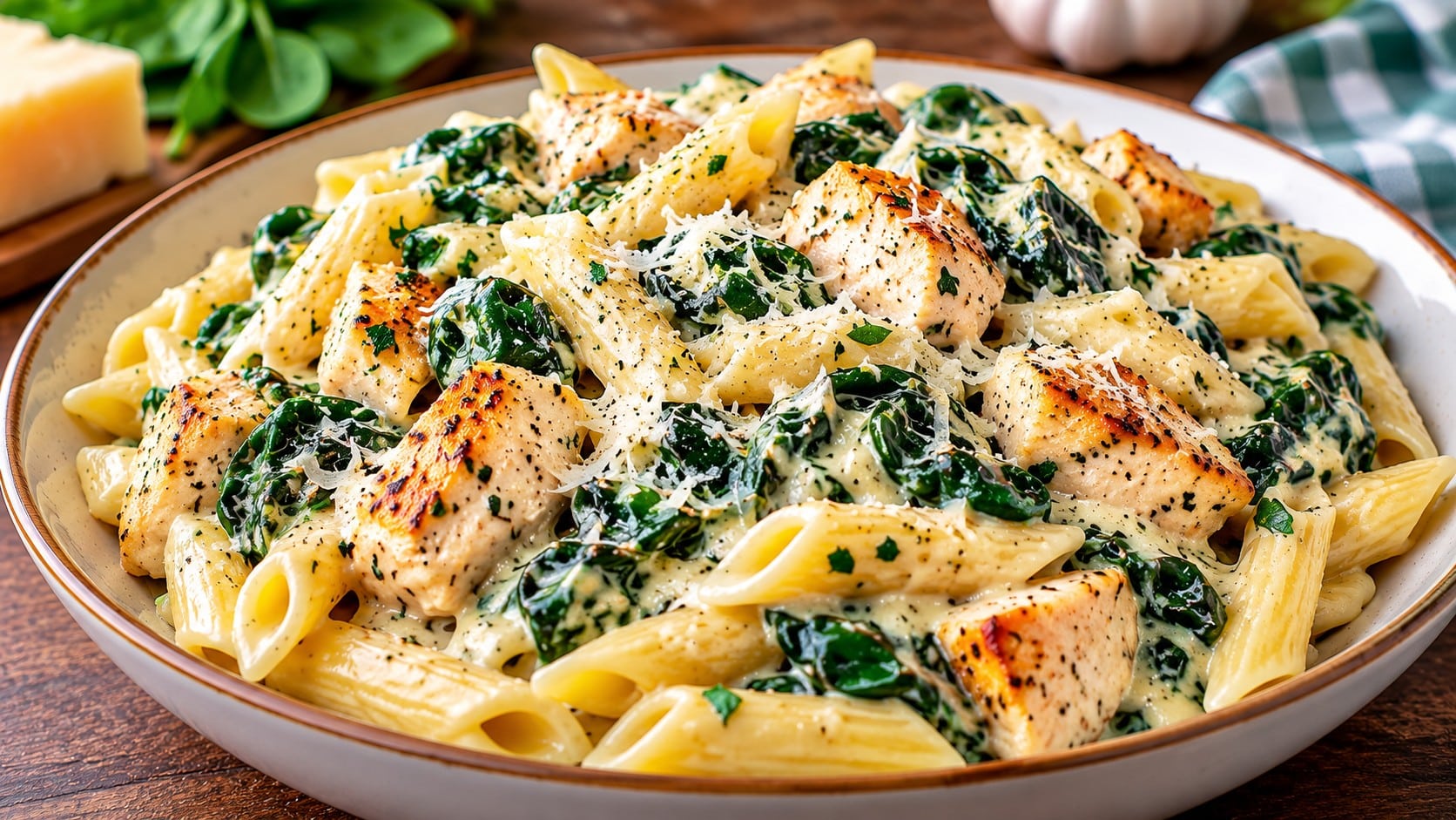 chiniya-s-kremobrazna-pasta-penne-s-parcheta-pileshko-spanak-krema-sirene-i-nastargan-parmezan