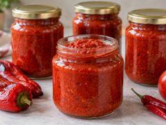 Буркани с гъста домашна лютеница от печени червени чушки и домати, поднесени до печени чушки и пресен домат.
