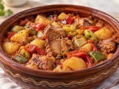 Glinen gyuvech sas svinsko meso, kartofi, praz, cherveni i zeleni chushki v aromaten domaten sos.
