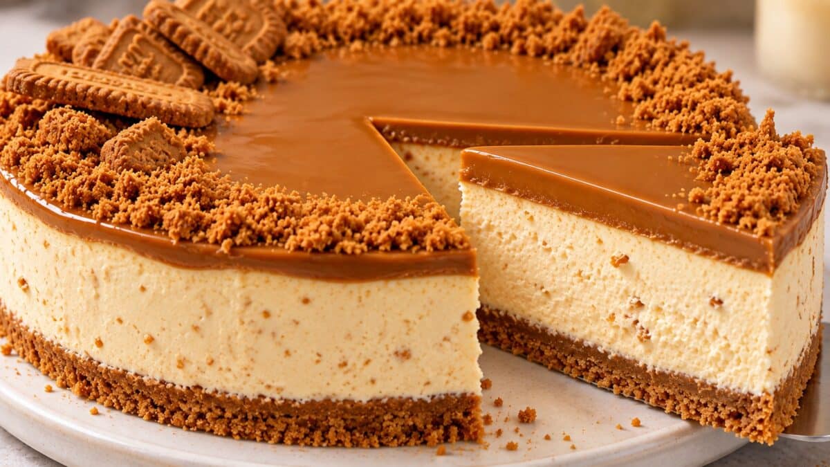 Parche torta Lotus Biscoff bez pechene s kremav plast, biskvitena osnova, karamelen sloy i natrosheni biskviti.