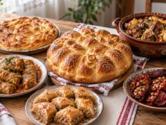 Praznichna balgarska trapeza s ukrasena pitka, banitsa, sarmi, baklava, palneni susheni chushki i yastie s meso i kartofi v glinen sad.
