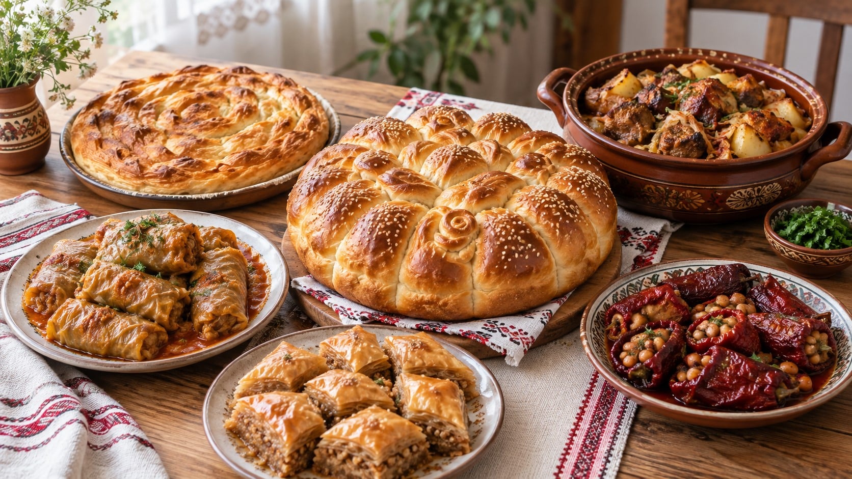 Praznichna balgarska trapeza s ukrasena pitka, banitsa, sarmi, baklava, palneni susheni chushki i yastie s meso i kartofi v glinen sad.