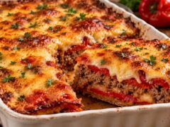 Домашна запеканка с печени чушки, кайма и златист кашкавал