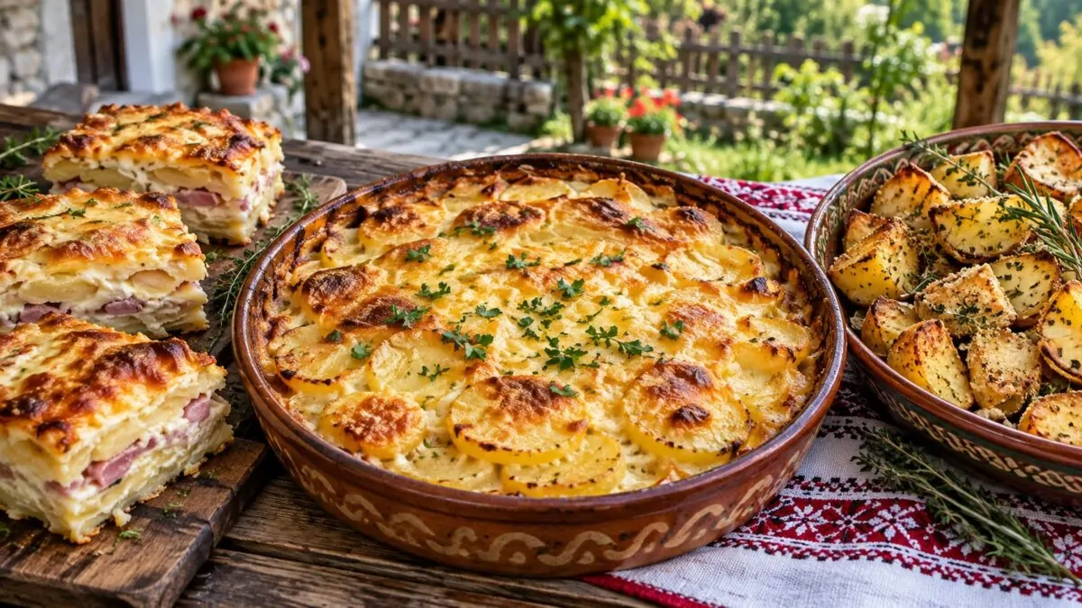 zapecheno-kartofeno-yastie-s-kashkaval-v-glinen-sad-parcheta-sloesta-zapekanka-i-pecheni-kartofi-s-bilki-na-darvena-masa