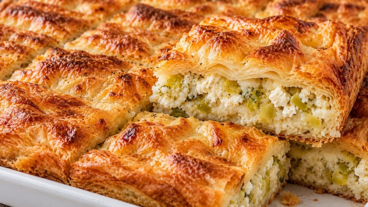 Banitsa s oriz, praz i sirene, razryazana s vidima sochna planka i hrupkavi zlatisti kori.