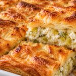 Баница с ориз, праз и сирене Banitsa s oriz, praz i sirene, razryazana s vidima sochna planka i hrupkavi zlatisti kori.