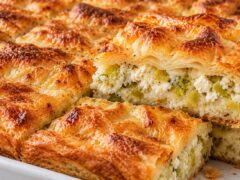 Banitsa s oriz, praz i sirene, razryazana s vidima sochna planka i hrupkavi zlatisti kori.