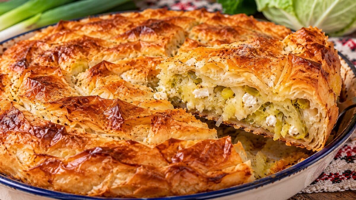 narezana-zlatista-banitsa-s-hrupkavi-kori-i-sochna-planka-ot-pryasno-zele-praz-i-sirene