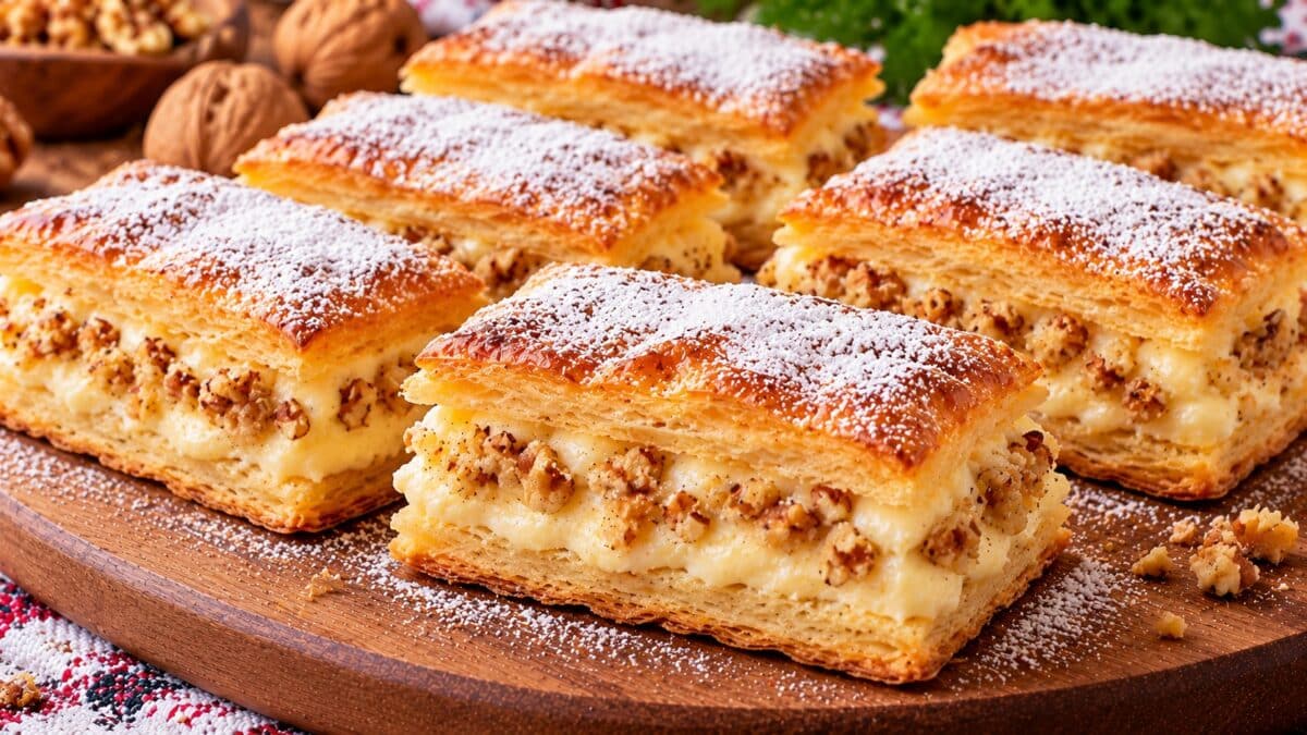buter-pastichki-s-vanilov-mlechen-krem-narezani-orehi-i-pudra-zahar-varhu-darvena-daska