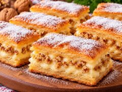 buter-pastichki-s-vanilov-mlechen-krem-narezani-orehi-i-pudra-zahar-varhu-darvena-daska
