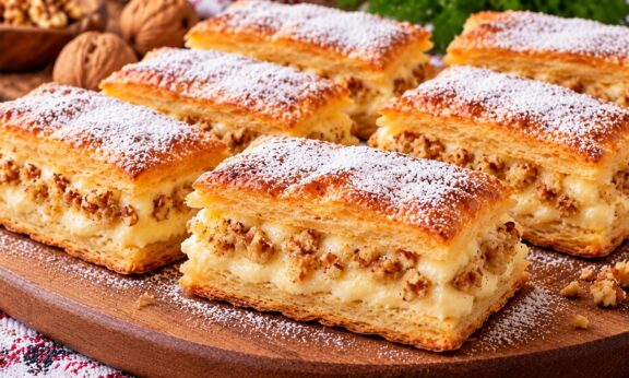 buter-pastichki-s-vanilov-mlechen-krem-narezani-orehi-i-pudra-zahar-varhu-darvena-daska