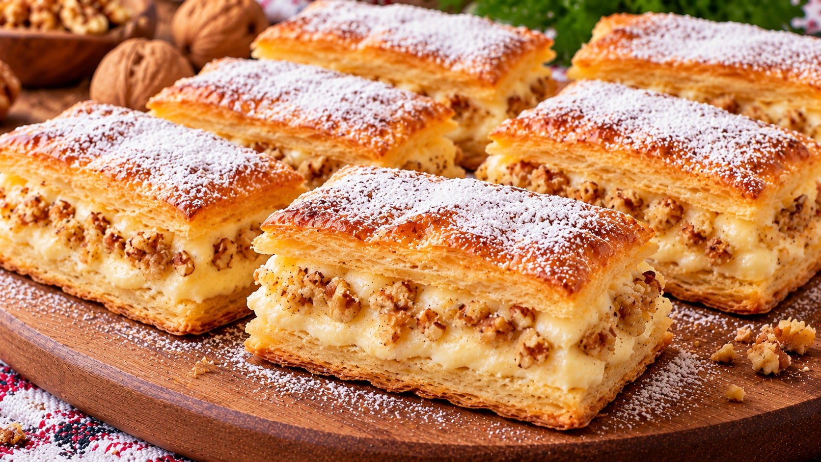 buter-pastichki-s-vanilov-mlechen-krem-narezani-orehi-i-pudra-zahar-varhu-darvena-daska
