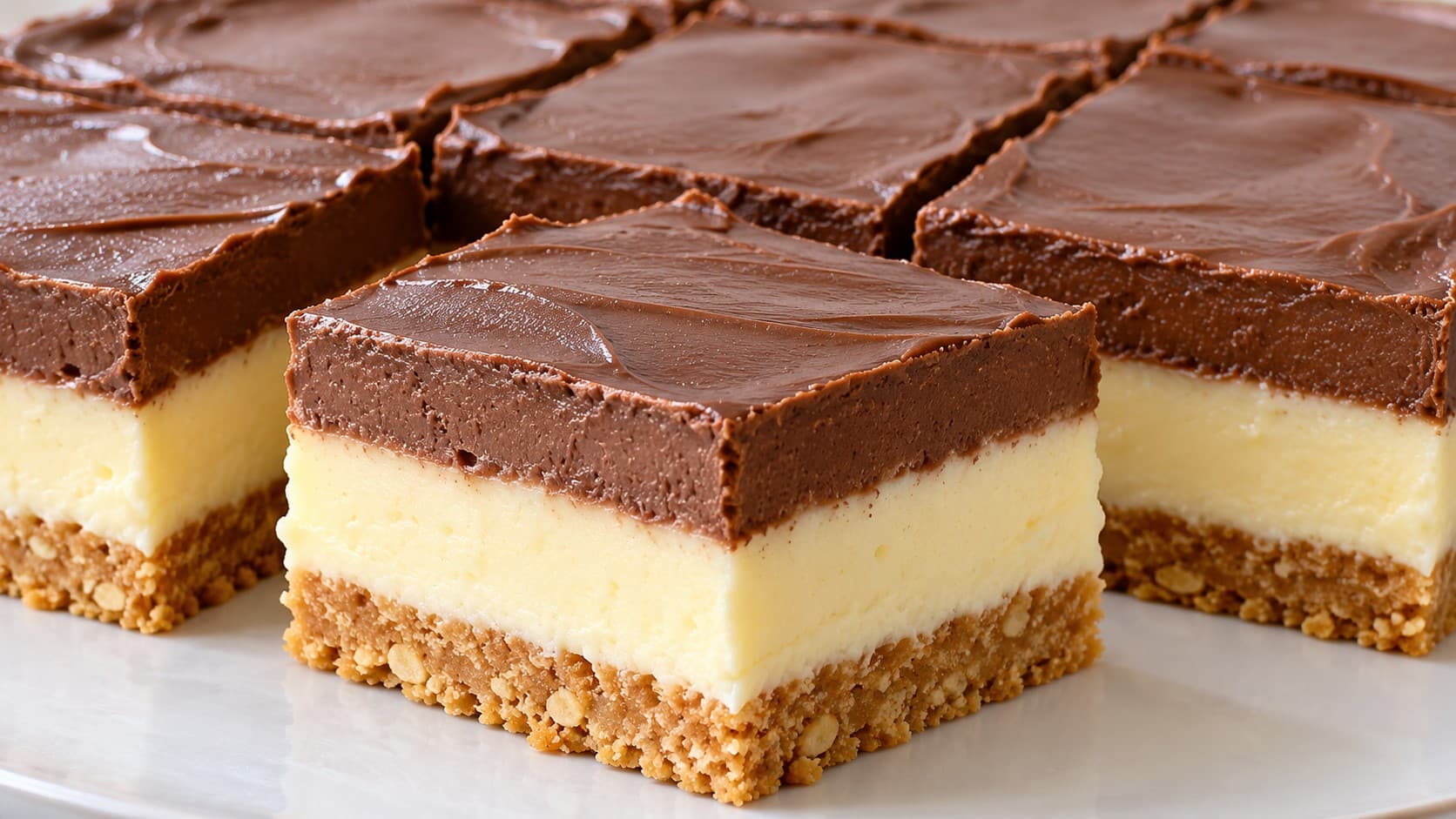 Dvutsveten puding desert s biskvitena osnova, svetal vanilov sloy i shokoladov krem, narezan na kvadratni parcheta.