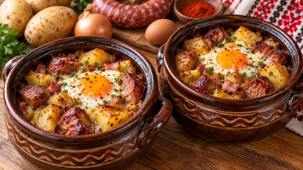 dve-glineni-gyuvecheta-s-pecheni-kartofi-nadenitsa-bekon-i-zapecheno-yaytse