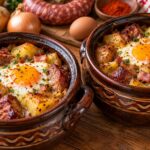 Гювечета с наденица, картофи и яйце dve-glineni-gyuvecheta-s-pecheni-kartofi-nadenitsa-bekon-i-zapecheno-yaytse