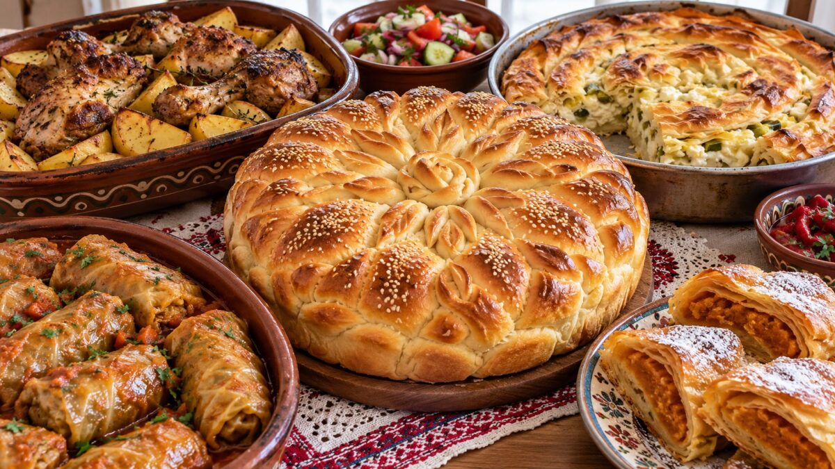 praznichna-trapeza-s-kragla-pitka-pecheno-pile-s-kartofi-sarmi-banitsa-salati-i-narezani-parcheta-pechivo