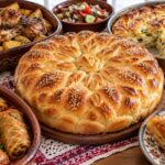 praznichna-trapeza-s-kragla-pitka-pecheno-pile-s-kartofi-sarmi-banitsa-salati-i-narezani-parcheta-pechivo