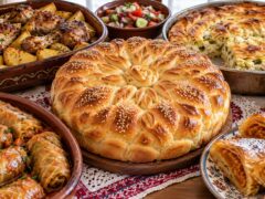 praznichna-trapeza-s-kragla-pitka-pecheno-pile-s-kartofi-sarmi-banitsa-salati-i-narezani-parcheta-pechivo
