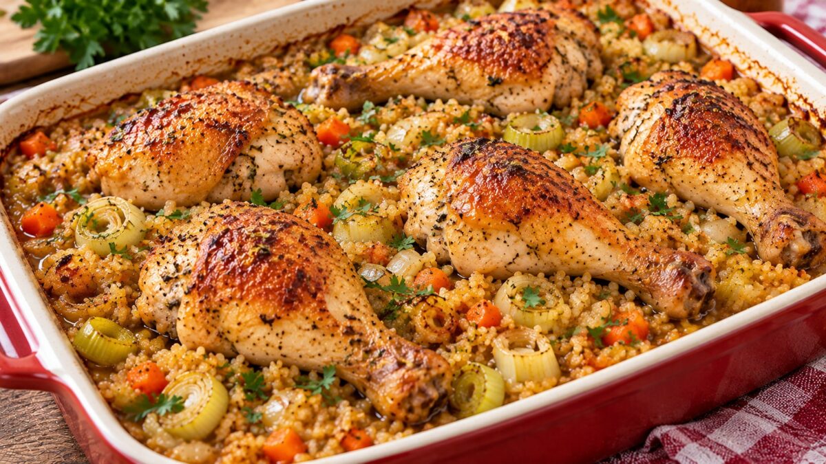 zapecheni-pileshki-butcheta-s-bulgur-praz-morkovi-i-magdanoz-v-keramichna-tava