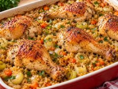 zapecheni-pileshki-butcheta-s-bulgur-praz-morkovi-i-magdanoz-v-keramichna-tava