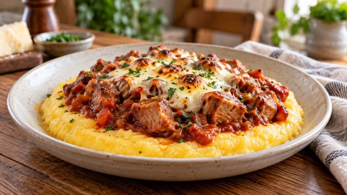kremoobrazna-zhalta-polenta-s-parcheta-svinsko-v-domaten-sos-raztopeno-zapecheno-sirene-i-magdanoz-v-chiniya