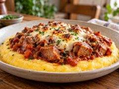 kremoobrazna-zhalta-polenta-s-parcheta-svinsko-v-domaten-sos-raztopeno-zapecheno-sirene-i-magdanoz-v-chiniya