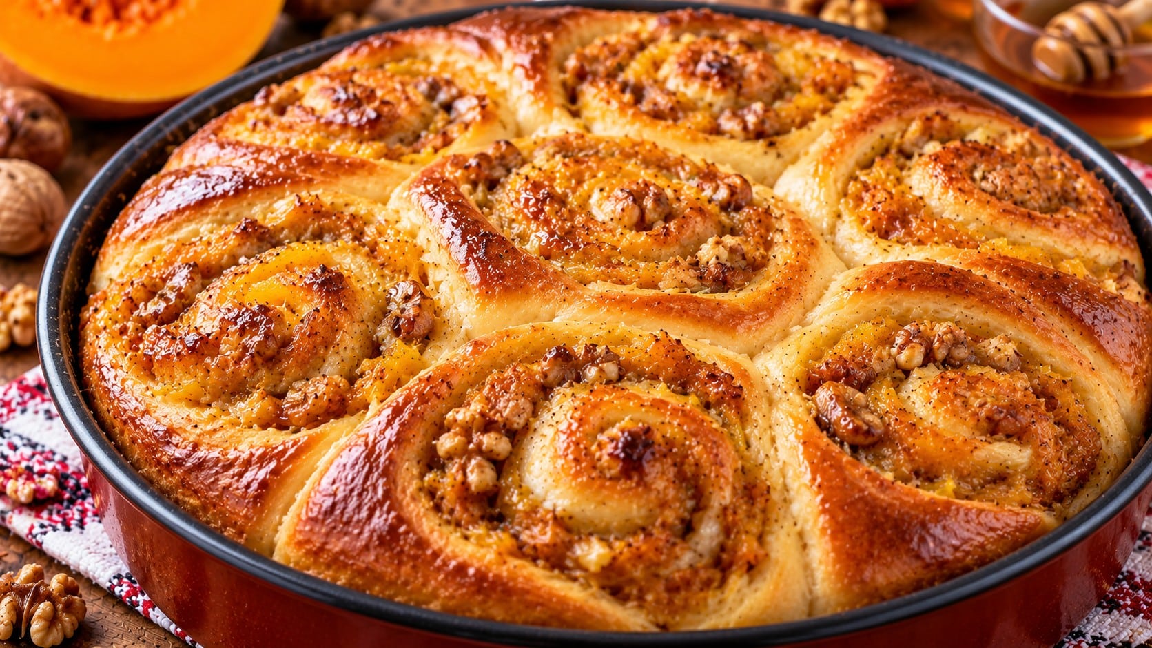 zlatista-sladka-pita-na-spirali-s-tikva-orehi-i-med-v-kragla-tava